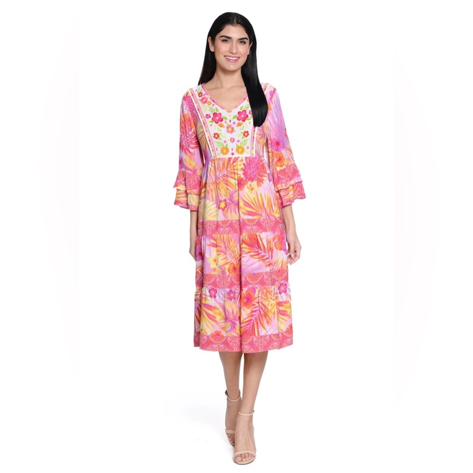 John Mark Ruffle Sleeve Print Dress - Tropical Multi Size L